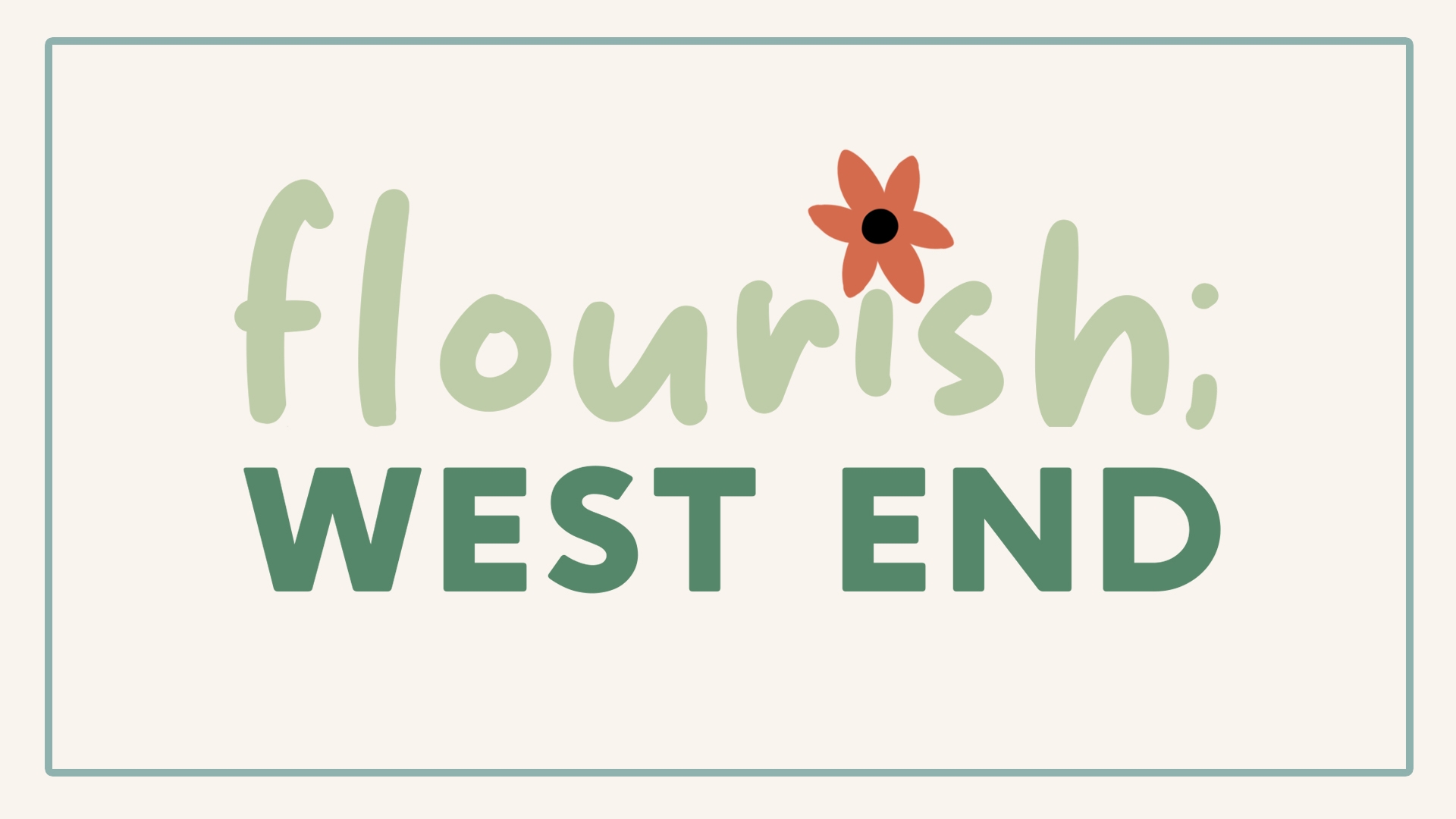 Logo design with the text “flourish; WEST END,” featuring a small orange flower above the letter “i.”